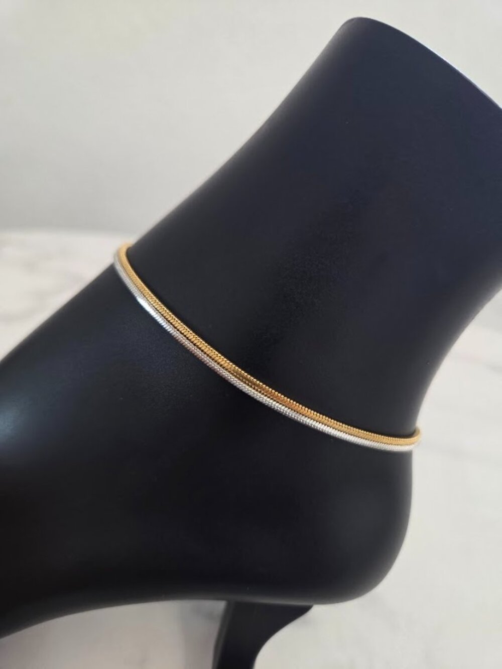 Two Tone Gold & Silver Double Snake Chain Anklet Minimalist Layered Jewelry - Picture 6 of 13